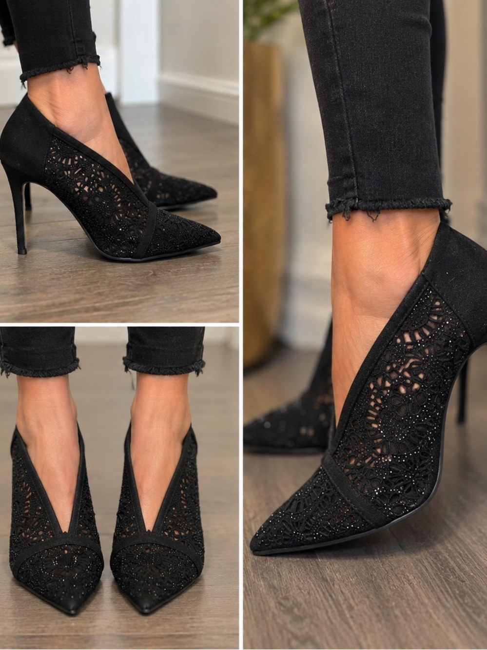 Le Château Black Lace Rhinestone Pointed-Toe Stiletto Ankle Booties Size 8.5